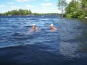 Jay and Heather treading water in Chippego Lake, photo by Sara Hay